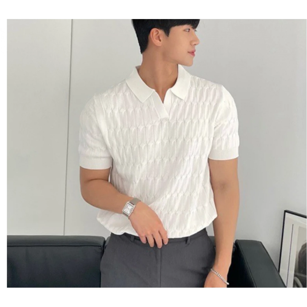 Men's Knitted Jacquard Polo Shirt Casual Stripe V-Neck Solid Color Short Sleeve T-Shirt Breathable Light Luxury Clothing