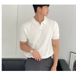 Men's Knitted Jacquard Polo Shirt Casual Stripe V-Neck Solid Color Short Sleeve T-Shirt Breathable Light Luxury Clothing