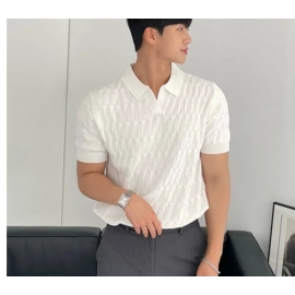 Men's Knitted Jacquard Polo Shirt Casual Stripe V-Neck Solid Color Short Sleeve T-Shirt Breathable Light Luxury Clothing