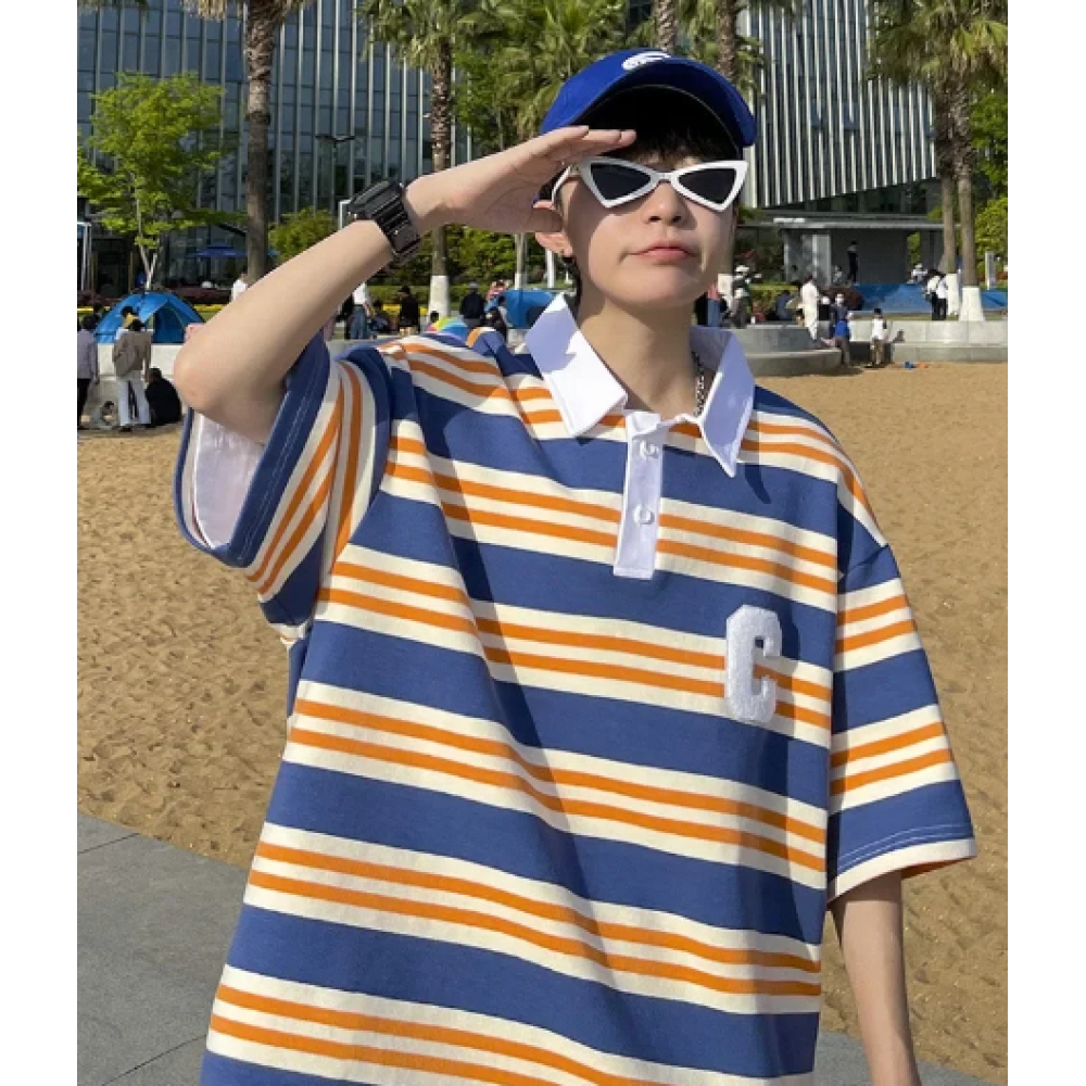 Trendy Polo Shirt Men's Short Sleeves Loose Fit Striped Half Sleeve Summer Versatile Cool Lapel T-shirt Couple's T-shirt