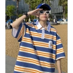 Trendy Polo Shirt Men's Short Sleeves Loose Fit Striped Half Sleeve Summer Versatile Cool Lapel T-shirt Couple's T-shirt