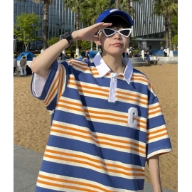 Trendy Polo Shirt Men's Short Sleeves Loose Fit Striped Half Sleeve Summer Versatile Cool Lapel T-shirt Couple's T-shirt
