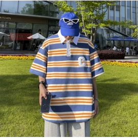 Trendy Polo Shirt Men's Short Sleeves Loose Fit Striped Half Sleeve Summer Versatile Cool Lapel T-shirt Couple's T-shirt