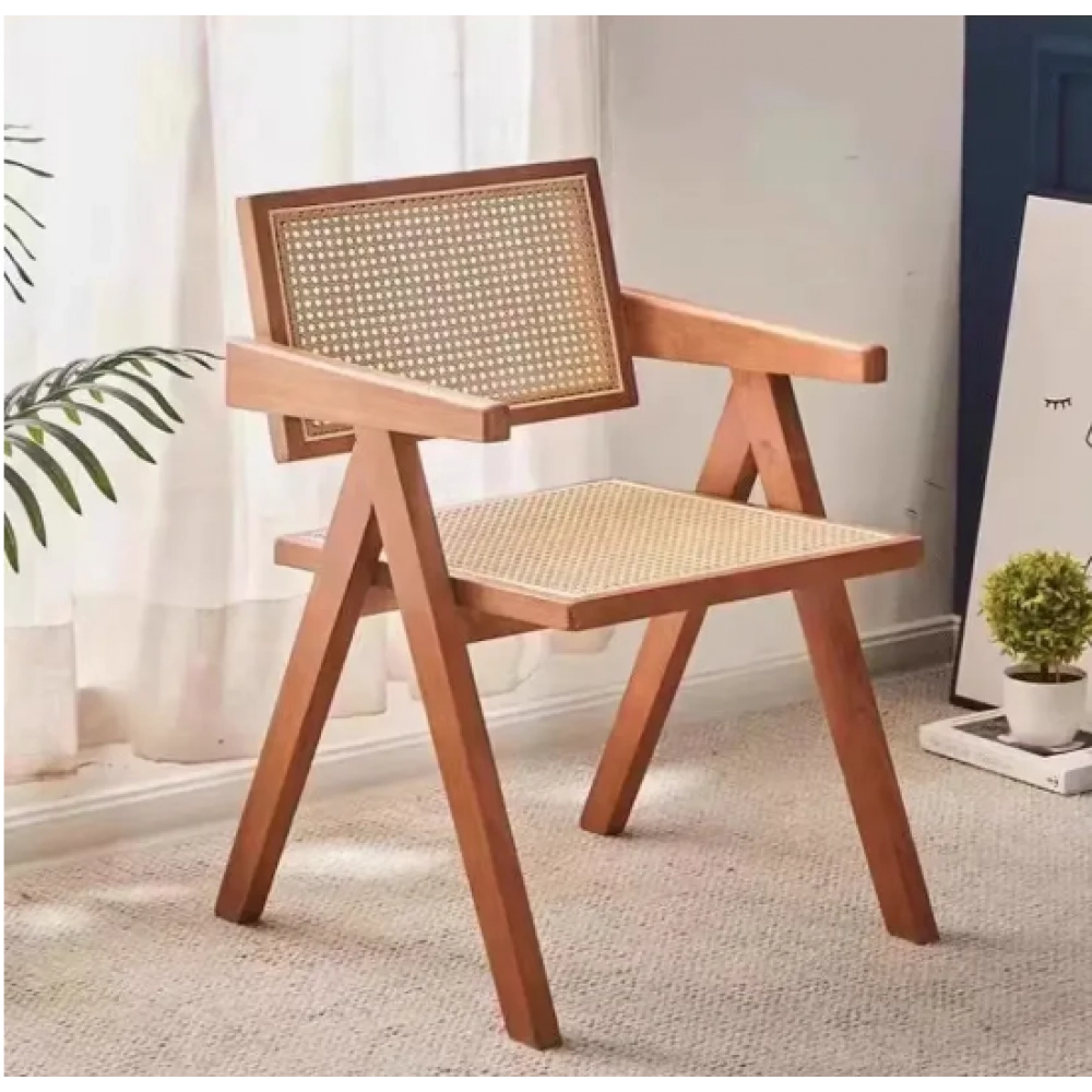 Modern Wooden Armchair with Rattan Design for Dining and Living Room Furniture Mid-Century Dining Chair with Wooden Legs