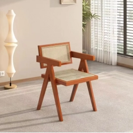 Modern Wooden Armchair with Rattan Design for Dining and Living Room Furniture Mid-Century Dining Chair with Wooden Legs